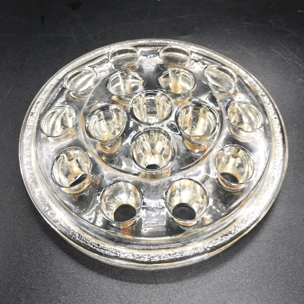 Vintage 16 Hole Shabby MCM Clear Glass Flower Frog, 5” Diameter Good Condition